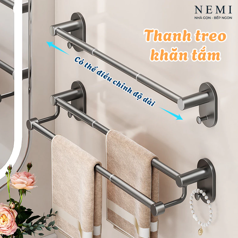 Thanh Treo Khăn Tắm Co Dãn Không Cần Khoan Nemi Thép Cacbon Chống Gỉ Kê Đồ Nhà Tắm
