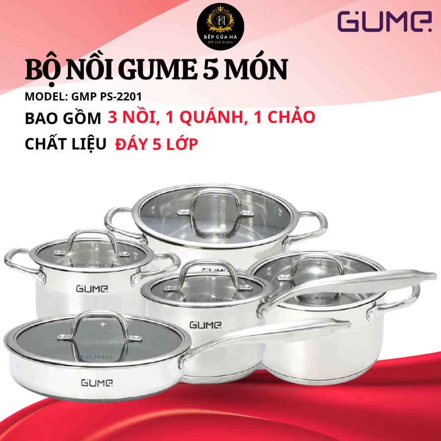 Bộ nồi chảo GUME, chất Liệu inox với đáy 5 lớp phù hợp với mọi loại bếp bảo hành 5 năm - Bếp Của Hà