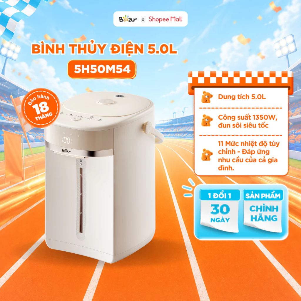 Bình Thủy Điện Bear 5L Bình Đun Nước Nóng Đun Sôi Siêu Nhanh Khử Clo Bình Đun Nước Giữ Nhiệt Có Đèn Dịu Nhẹ EWB-5H50M54