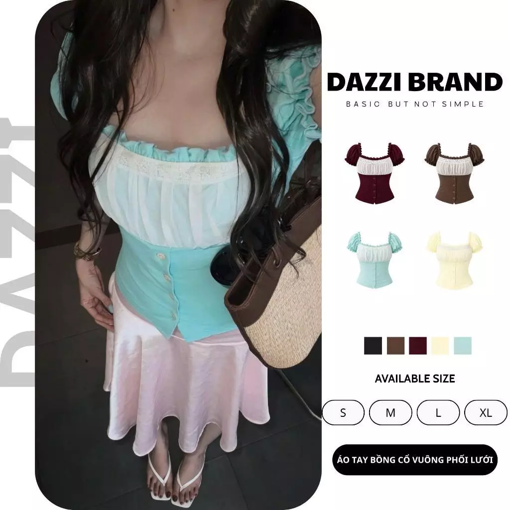 Áo thun tay bồng kiểu Ruffle phối ren lưới vải thun cotton mịn DAZZI B012