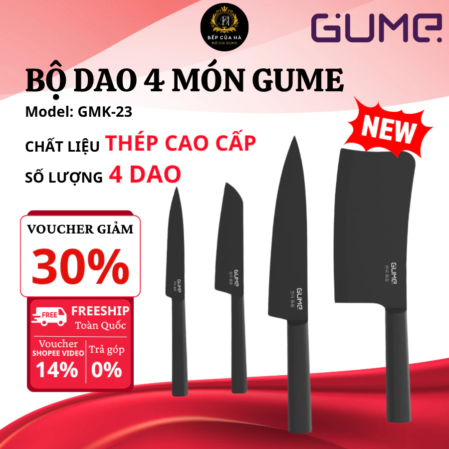 Bộ Dao 4 Món Cao Cấp Gume Thép Không Gỉ Nhập Khẩu Nguyên Khối Sắc Bén Kháng Khuẩn Tiện Dụng Cho Gian Bếp - Bếp Của Hà