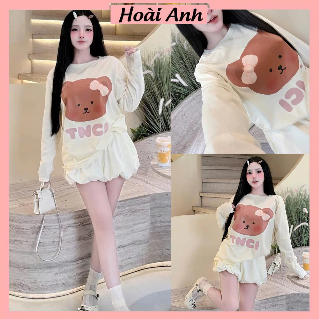 Set Bộ Đồ Nữ Áo Thun Giấy Vàng Kem Dài Tay In Gấu Nâu TNCI Cổ Tròn Mix Quần Sooc Đùi Ống Bí Phồng