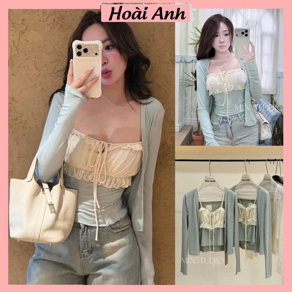 Áo Khoác Cadigan Thun Tăm Màu Xanh Mix Áo 2 Dây Phối Voan Ngực Kem Dáng Ôm Body