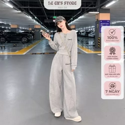Bộ nỉ nữ thêu Leen’s quần suông áo bomber nhẹ chất nỉ cotton dày dặn, set đồ nữ thu đông thời trang
