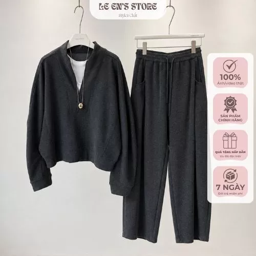 Bộ nỉ nữ form suông áo form rộng cổ cao kéo khóa chất nỉ len lông cao cấp dày dặn ấm áp 3 màu