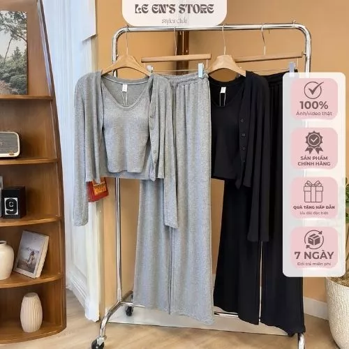 Set đồ nữ 3 món quần suông áo croptop cardigan chất thun cotton co giãn 4 chiều dày dặn 3 màu