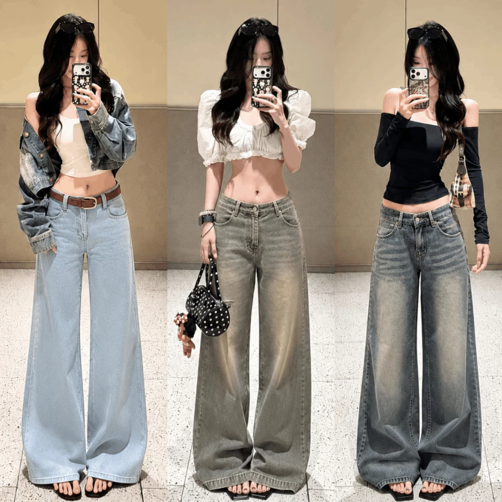 Quần Jean Suông Xanh Trắng Cạp Trễ Lưng Cao Ống Rộng Quần Jean Nữ Basic Suông Rộng Tôn Dáng Y2K MIAA