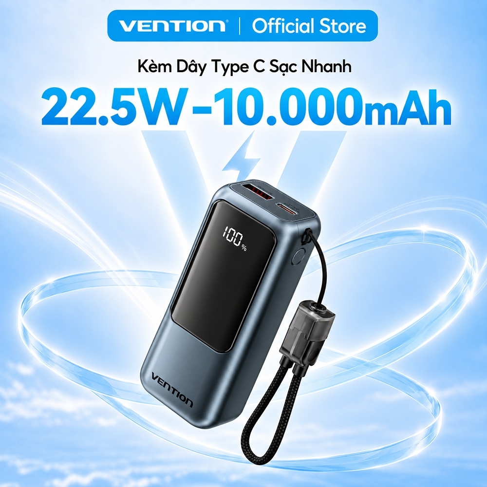 Pin Sạc Dự Phòng Mini 22.5W 10000mAh Vention Tích Hợp Dây Type C, Màn LED Hiển…