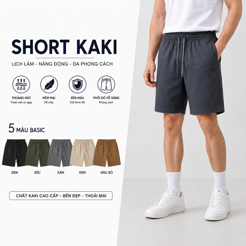 Quần Short Kaki Nam GEN ALPHA GEN454 Lưng Thun Dây Rút Trơn Mềm Dày Dặn Phong Cách Thể Thao