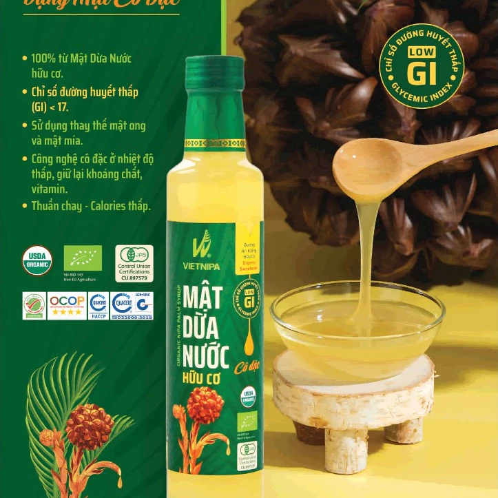 Mật Dừa Nước Cô Đặc Hữu Cơ VIETNIPA Chai 375g – Dùng Thay Đường Trong Pha Chế Và Nấu Ăn