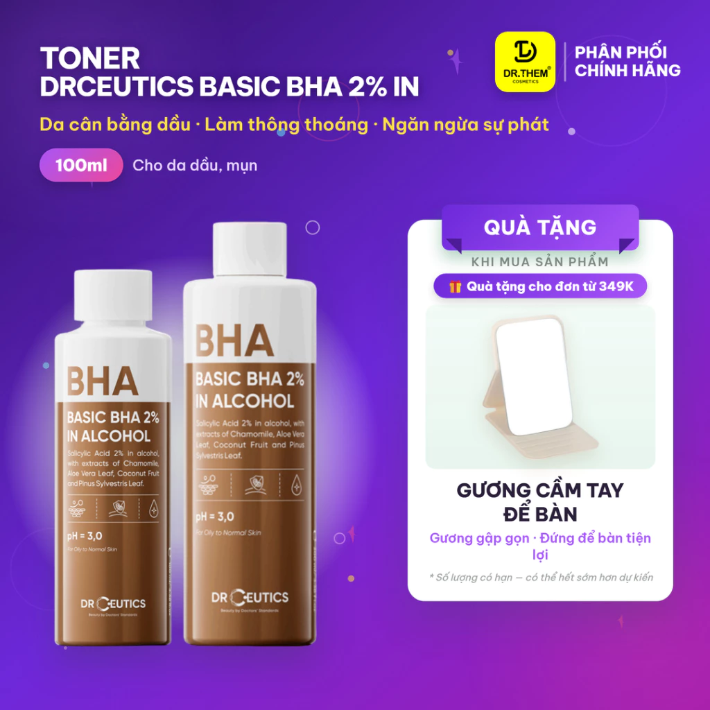DrCeutics Basic BHA 2% In Alcohol 100ml/200ml - Dung Dịch Tẩy Tế Bào Chết Hóa Học Nền Cồn Cho Da Mụn, Dầu - Dr Thêm