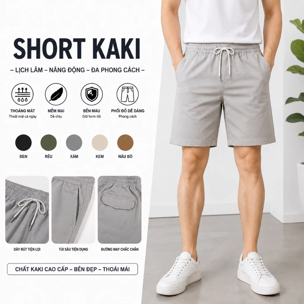 Quần Short Kaki Nam MISFITT Cạp Chun Co Giãn Thoáng Mát Dáng Thể Thao Sport Cao Cấp