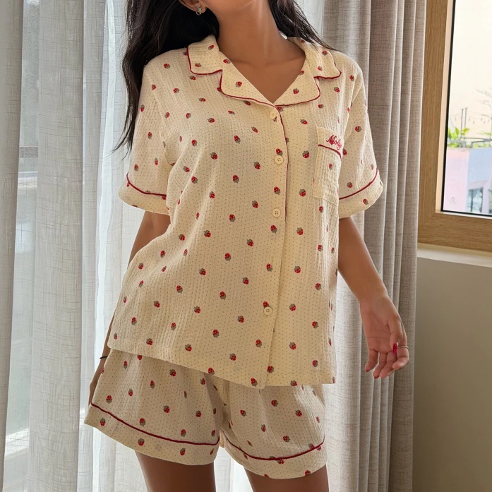 MOLLYE - DAMSEN PIJAMA| Set pijama nữ đồ bộ mặc ngủ, hoạ tiết bông nhí chất liệu đũi|Freesize