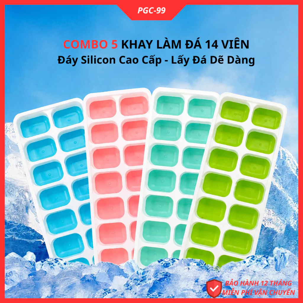 Combo 5 Khay Làm Đá Silicon 14 Viên Có Nắp Đậy Chống Mùi Bảo Quản Tốt