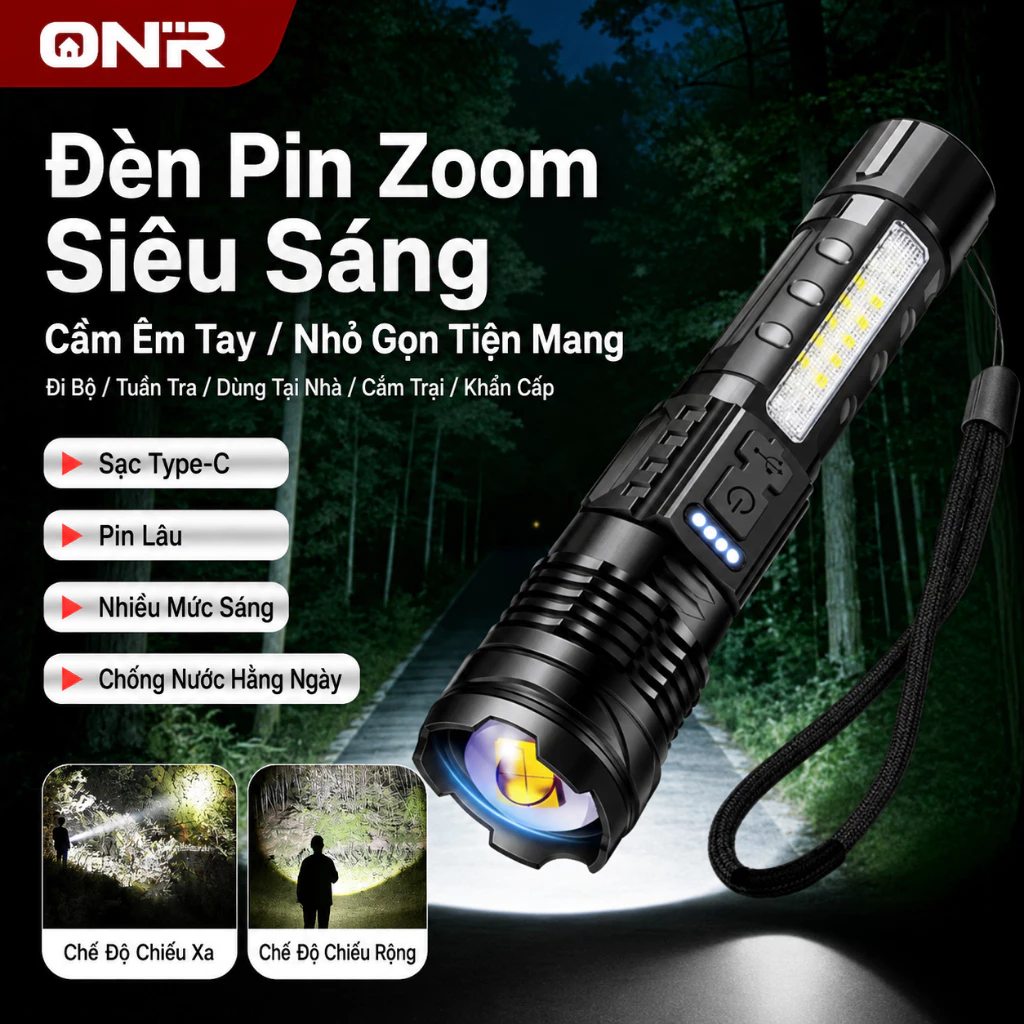 Đèn Pin LED Siêu Sáng Tầm Xa, Đèn Pin Chiến Thuật 7 Chế Độ, Zoom Điều Chỉnh, Chống Nước, Sạc Type-C