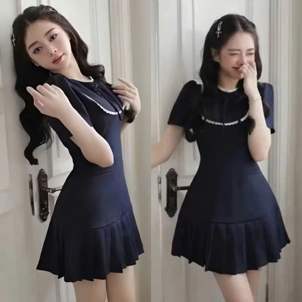 (Xả Kho): Váy Xanh Than Viền Ren Trắng Đính Cúc Bọc Chân Ly Xoè Phong Cách Tiểu Thư-Ảnh Thật Lollaye