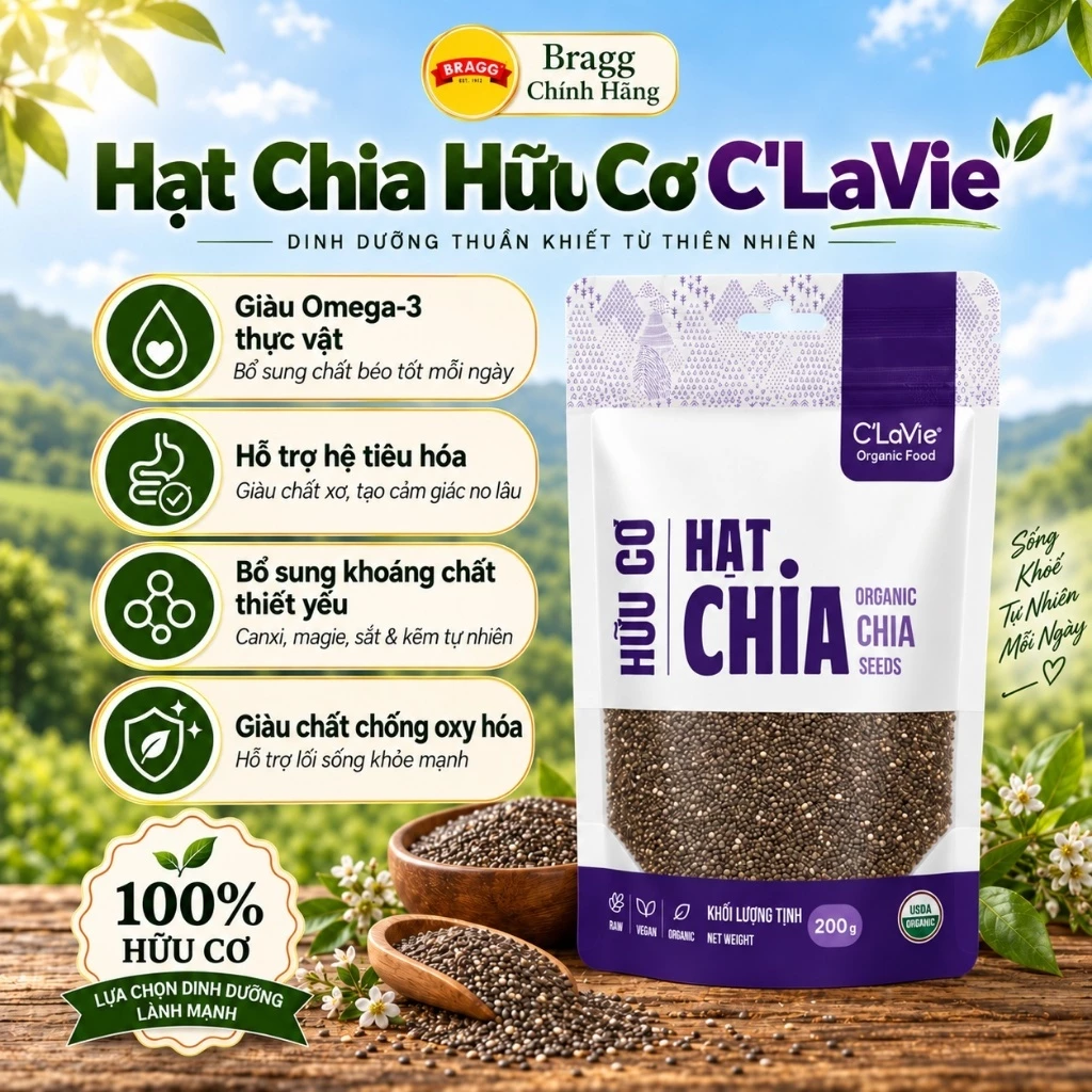 Hạt Chia Hữu Cơ C'LaVie 200g – Hạt Chia Organic Dùng Pha Nước, Ăn Cùng Sữa Chua, Yến Mạch