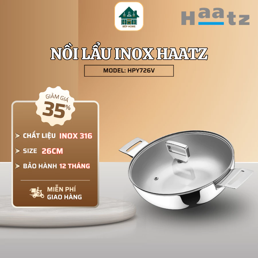 Nồi Lẩu Inox Haatz HPY726V Nguyên Khối Nặng 2.2kg Size 26cm, Dễ Dàng Vệ Sinh Sau Khi Dùng - Bếp Home