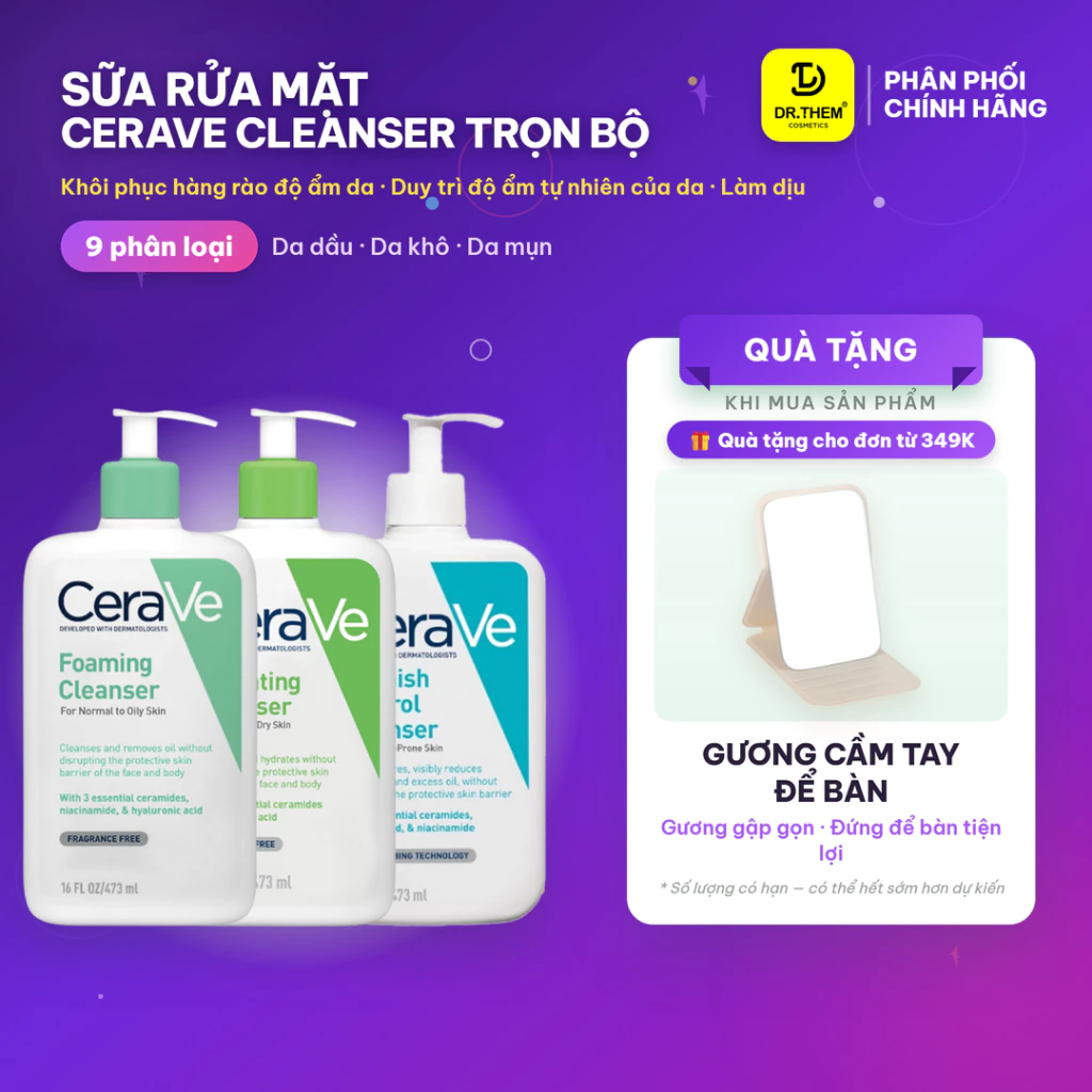 Sữa Rửa Mặt CeraVe - Foaming Da Dầu, Hydrating Da Khô, SA Da Sần Sùi, Blemish Control Da Mụn (88/236/473ml) - Dr Thêm