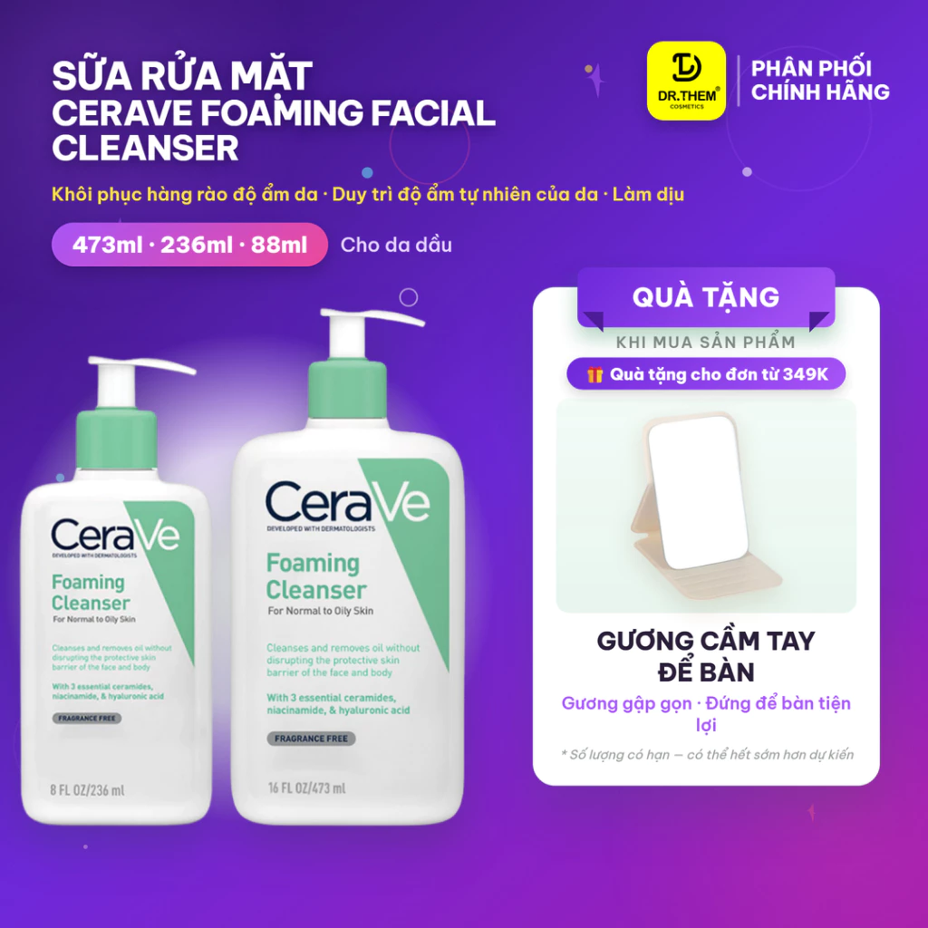Sữa Rửa Mặt CeraVe Foaming Facial Cleanser 88ml/236ml/473ml - Tạo Bọt Làm Sạch Sâu Cho Da Dầu, Ceramides - Dr Thêm