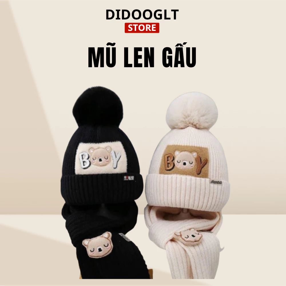Bộ Mũ Len Gấu Kèm Khăn Quàng Cổ Cho Bé Siêu Ấm Cực Xinh Phong Cách Hàn Quốc (Didooglt)