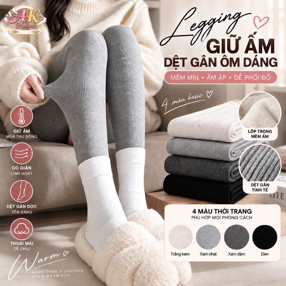 Quần Legging Nữ Dệt Gân Giữ Ấm AK HOUSE Co Giãn Ôm Chân Cạp Cao Thu Đông 4 Màu Basic QT4