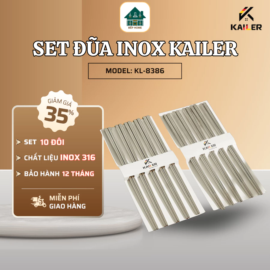 Sét 10 Đũa Ăn Cơm Inox 316 Kailer Cao Cấp - Đũa Inox Chống Trượt  Chống Mốc, Chống Trơn Trượt - Bephome