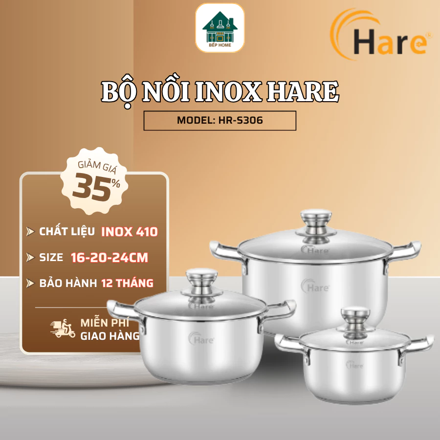 Bộ Nồi 3 Món Inox Hare HR-S306 Chất Liệu Inox 410 An Toàn, Đáy 5 Lớp Dày Dặn Bắt Nhiệt Tốt - Bếp Home