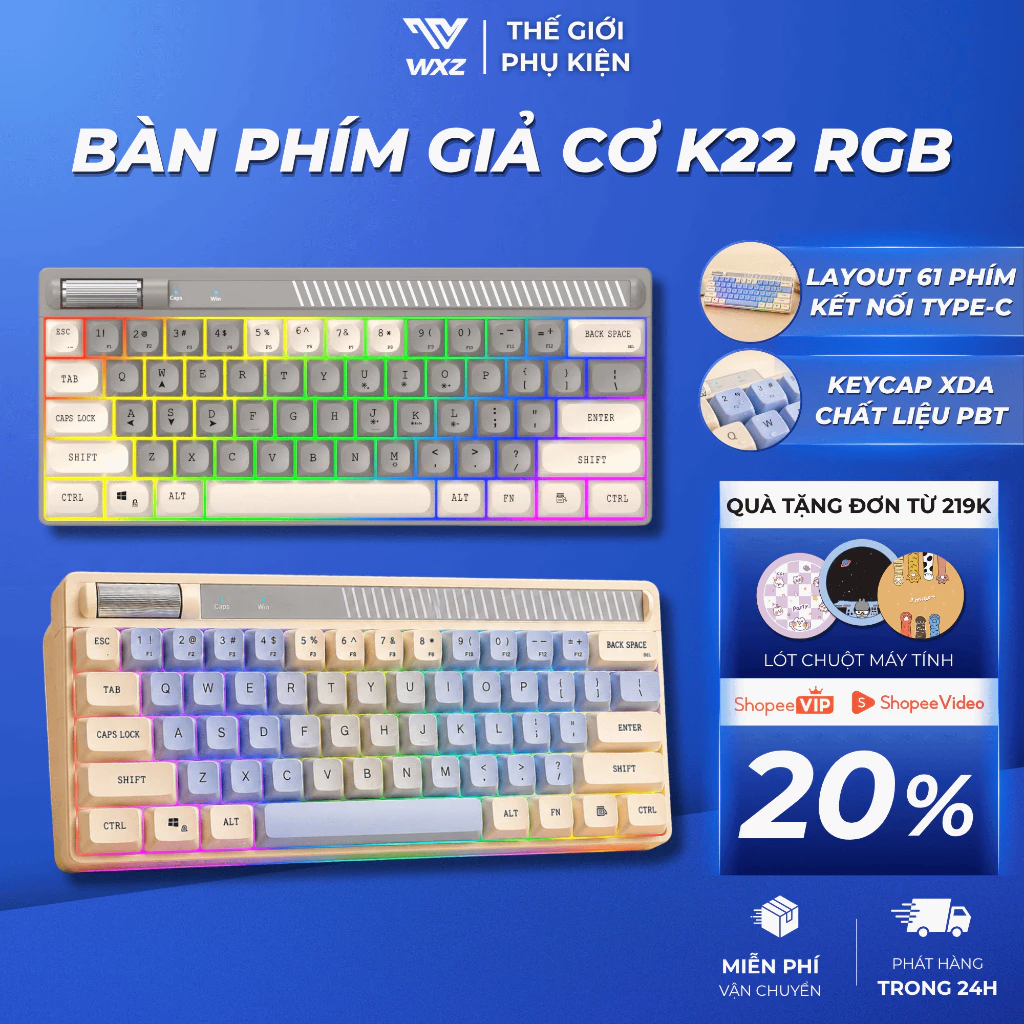 Bàn Phím Giả Cơ K22 61 Phím LED RGB 7 Màu, Gõ Êm, Nhỏ Gọn, Kết Nối Dây Type-C Cho PC Laptop