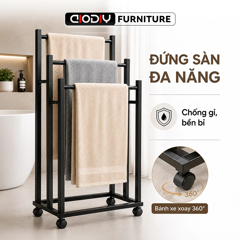 Giá Treo Khăn Đứng Sàn AIODIY – Giá Treo Khăn Di Động Đa Năng Có Bánh Xe, Kệ Treo Quần Áo Chống Gỉ
