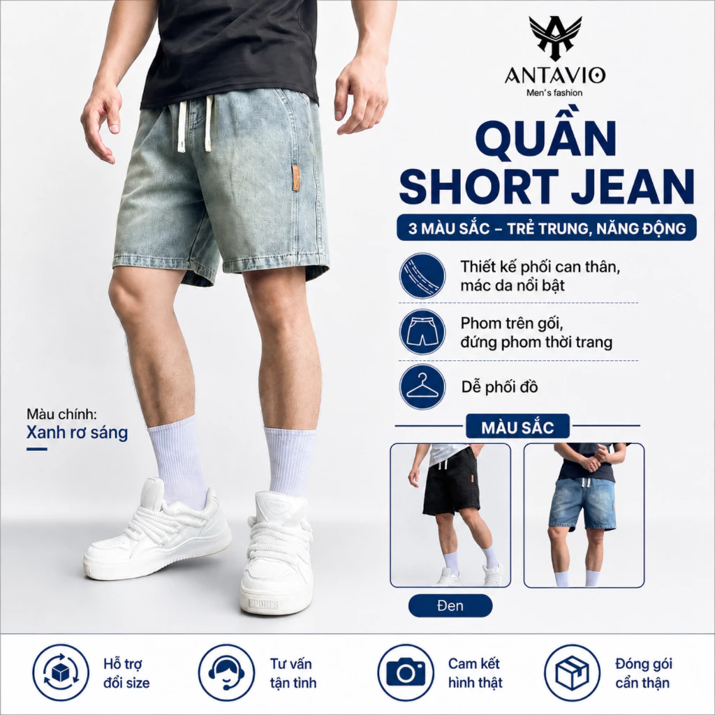 Quần Short Jean Nam  ANTAVIO Chất Liệu Denim Mềm Mại Phong Cách Hàn Quốc 3 Màu 45-90 KG  SHORT 368