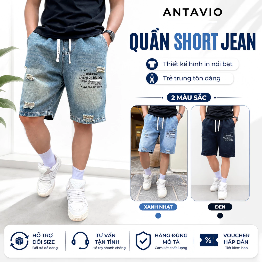 Quần Short Jean Nam, Quần Jean Đùi Bò Lửng ANTAVIO Was Dách Thời Trang Hàn Quốc 3 màu 45-90 KG 361
