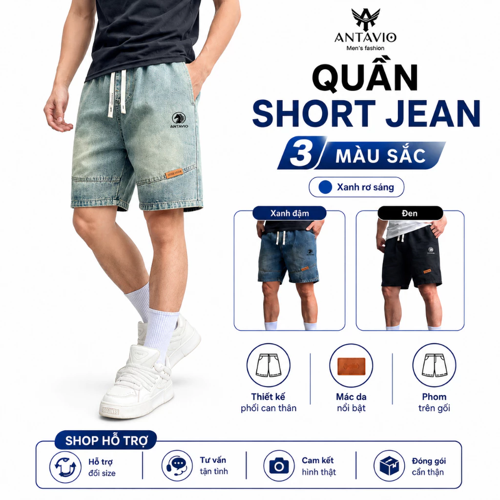 Quần Short Jean, Quần Bò Short Nam  ANTAVIO Chất Liệu Jean Mềm Phong Cách Hàn Quốc 3 Màu 45-90KG 369
