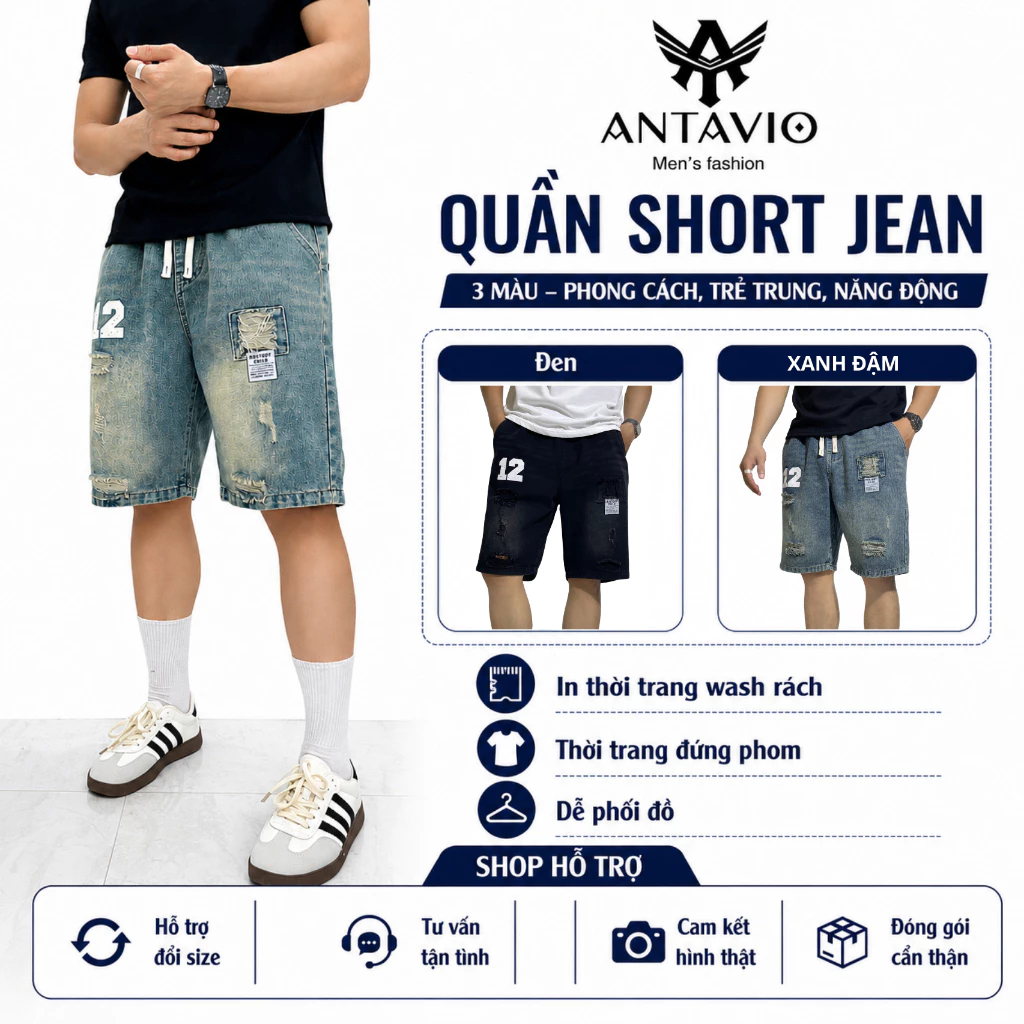 Quần short jean nam, Quân đùi nam jean ANTAVIO Was dách thời trang Hàn Quốc 3 màu 45-90KG NGỐ 367