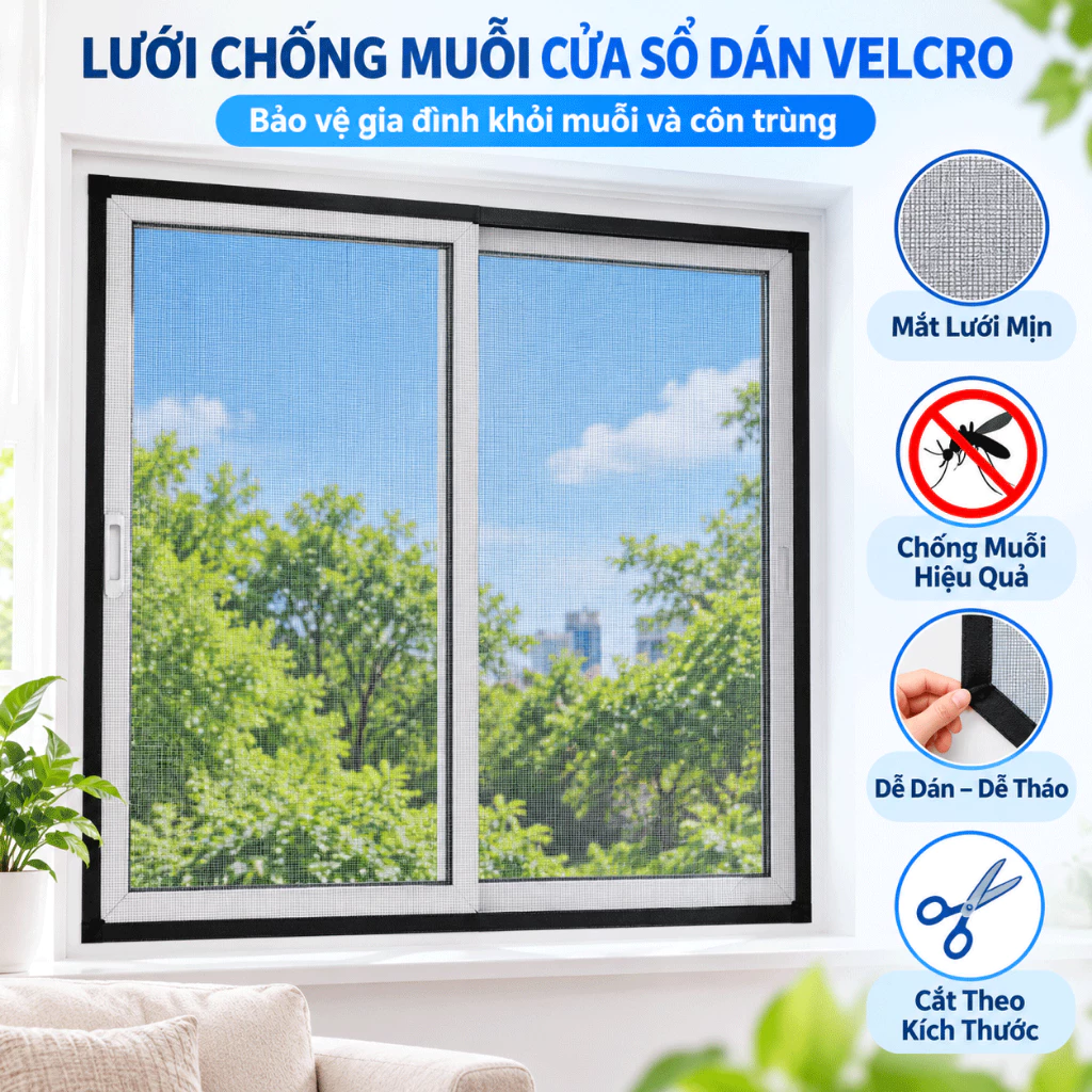 Lưới chống muỗi dán cửa sổ không cần khoan dán khung cắt theo kích thước