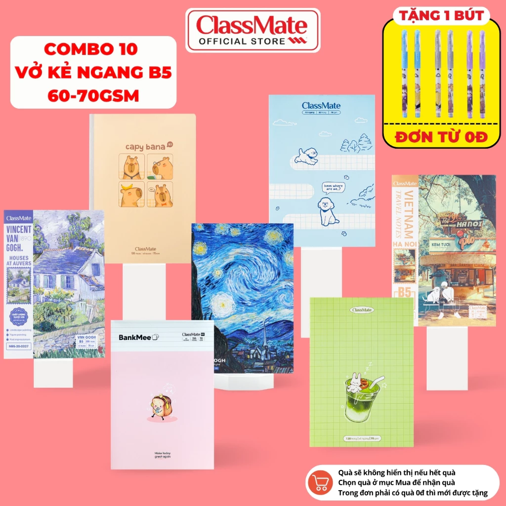 [Tặg 1 Bút] Combo 10 Vở Kẻ Ngang Van Gogh Classmate B5 Bìa Chống Nước, Giấy Mịn Ăn Mực, Vở Ghi Chép 60-70gsm