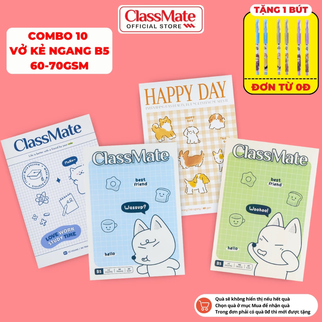 [Tặg 1 Bút] Combo 10 Vở Kẻ Ngang Happy Day Classmate Bìa Chống Nước, Giấy Mịn Ăn Mực 60-70gsm, Vở 72/200 Trang
