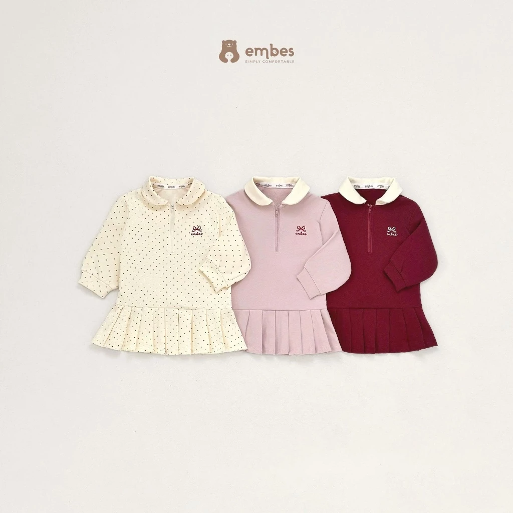 Váy Polo Bé Gái Embes, Váy Polo Dài Tay Thêu Nơ Dáng Suông Phối Chân Váy Xếp Ly Cho Bé Gái Từ 8-18Kg