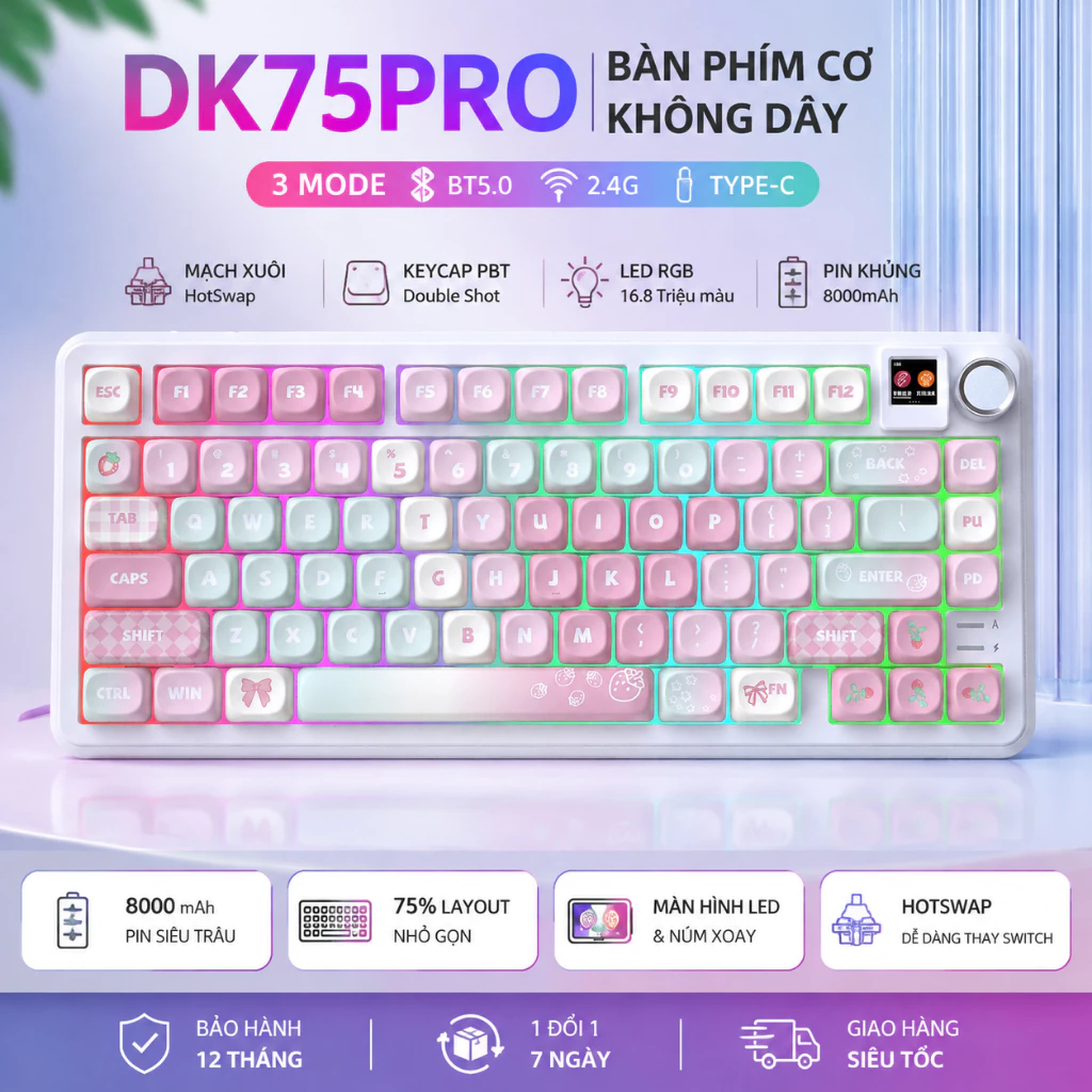 Bàn phím cơ DK75PRO không dây Bluetooth Silent switch màn hình led keycap pbt RGB LED hotswap Pin 8000mAh Có APP tùy