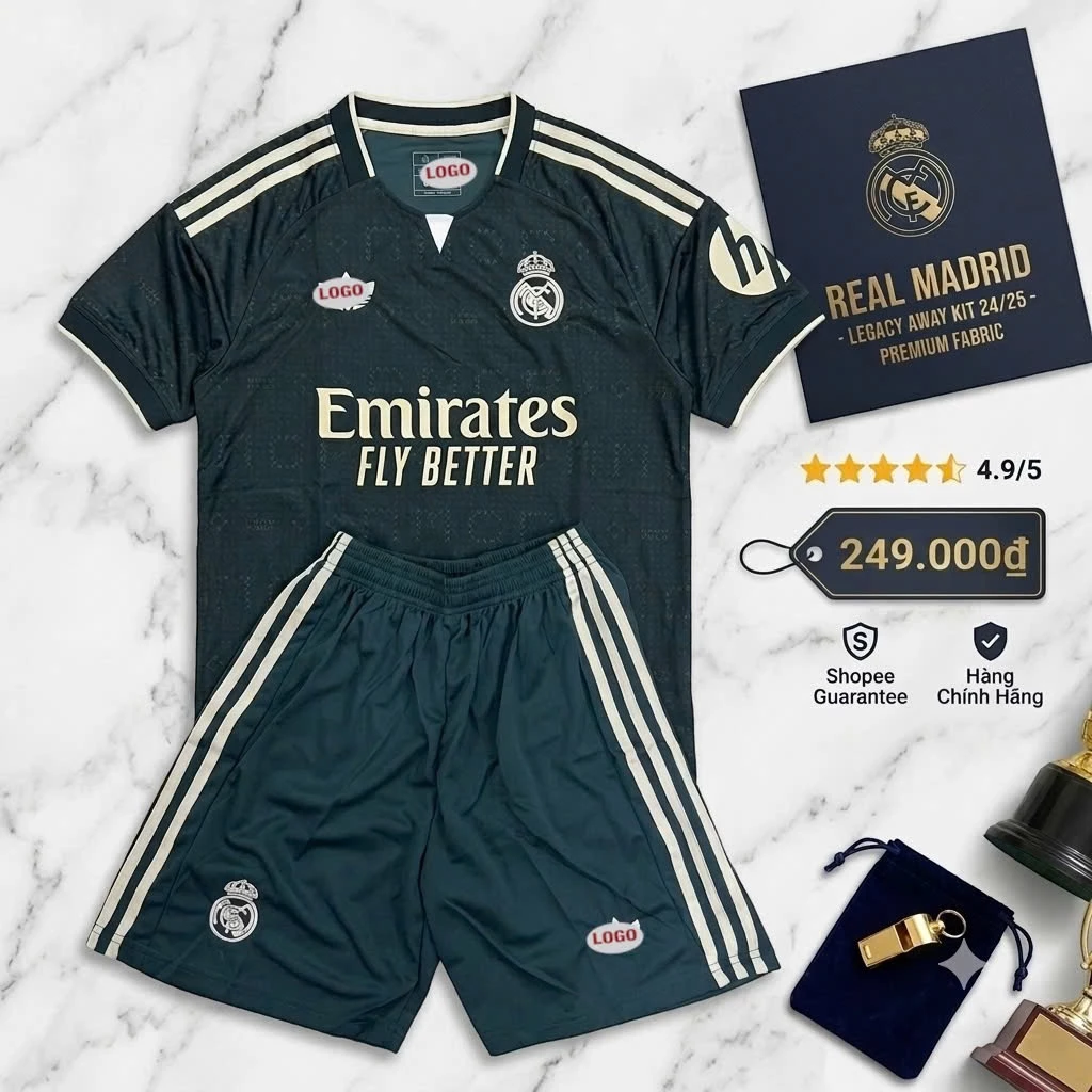 Bộ Quần Áo Bóng Đá CLB RealMadrid Mùa Giải 2025/2026, Vải Polyester Thái Gai Lưới