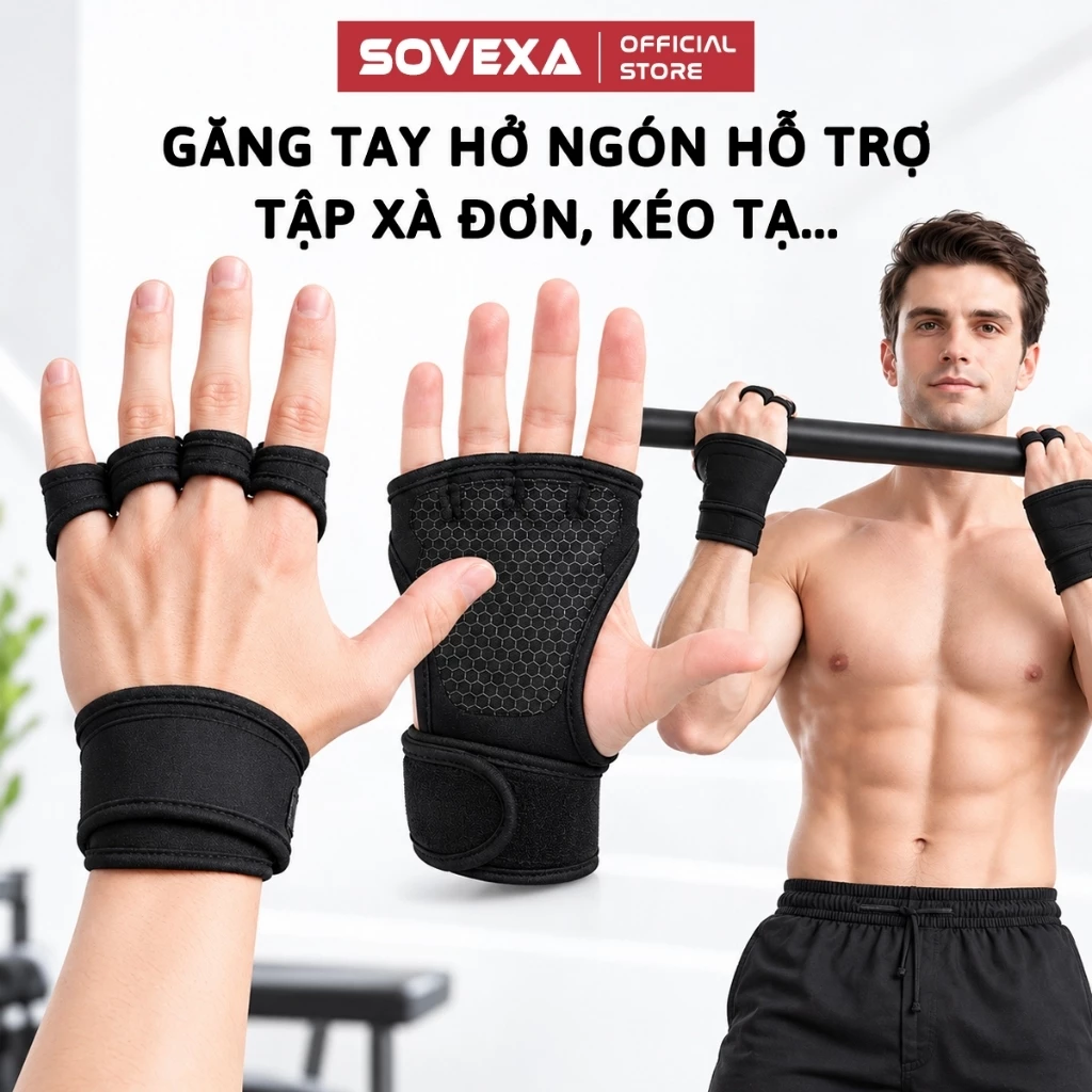 Găng Tay Tập Gym Hở Ngón Sovexa Thoáng Khí Bảo Vệ Cổ Tay Chống Chai Tối Ưu Khi Nâng Tạ, Thể Thao