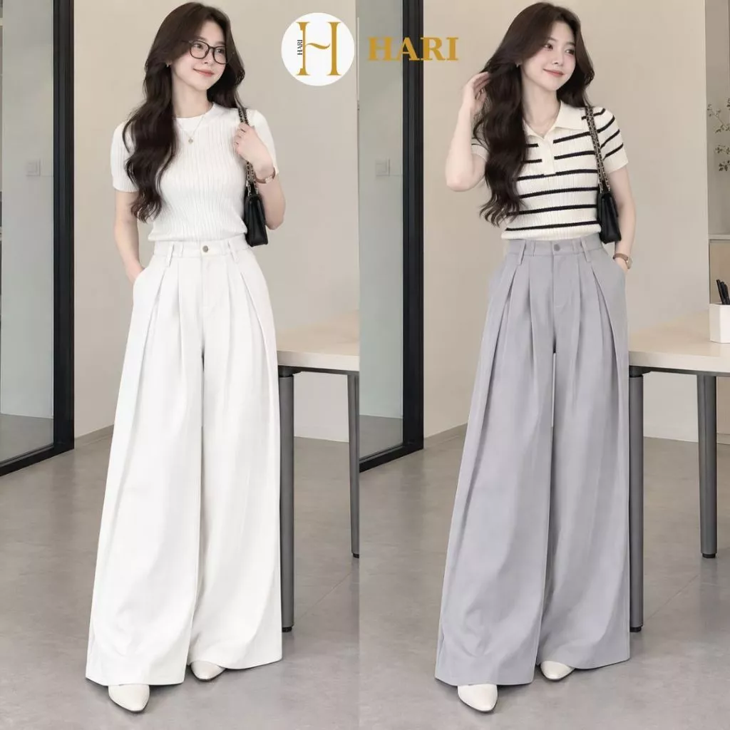 Quần tây ống rộng Hari nữ xếp ly chất GOLD ống rộng dài chùm phủ chân