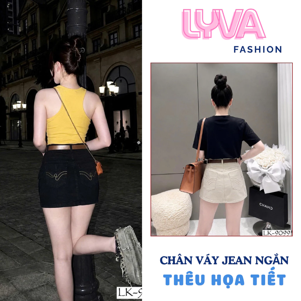 Chân váy jean ngắn thêu túi họa tiết, váy jean ngắn dáng chữ A cạp cao hách dáng - Lyva Fashionn