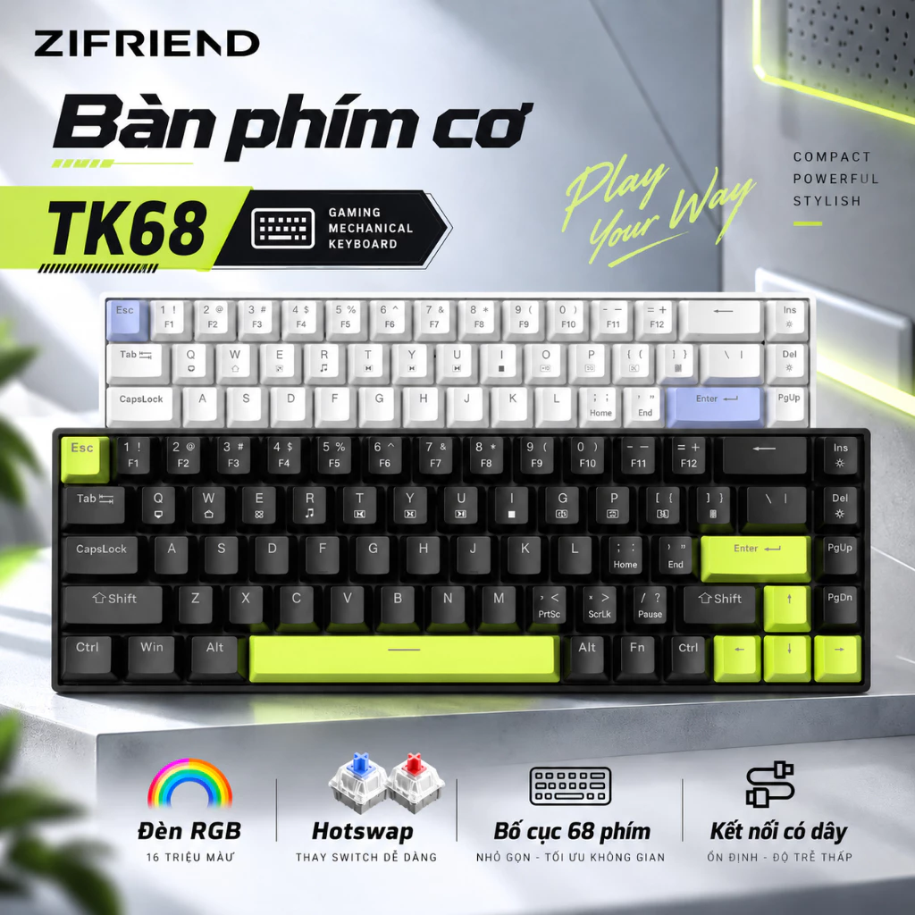 Bàn phím cơ gaming ZIFRIEND TK68 - RGB LED - Công tắc xanh/đỏ - Hỗ trợ hotswap - Có dây