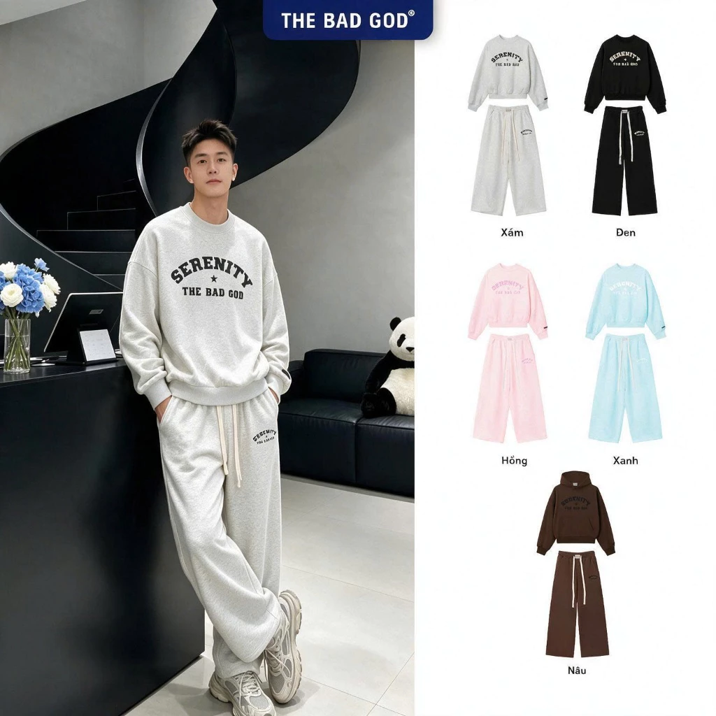Set Bộ Sweater Hoodie THE BAD GOD Star Serenity Chất Nỉ Nhung Dày Dặn Giữ Ấm Phong Cách Streetwear
