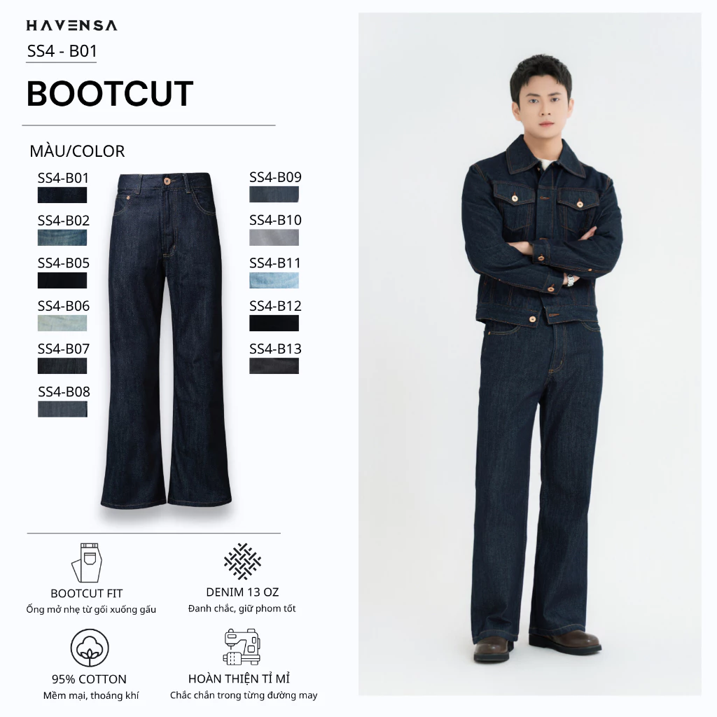 [SS4] Quần jean form bootcut Haven’s, quần ống loe nam màu raw denim vừa vặn thoải mái, chất liệu 95% cotton