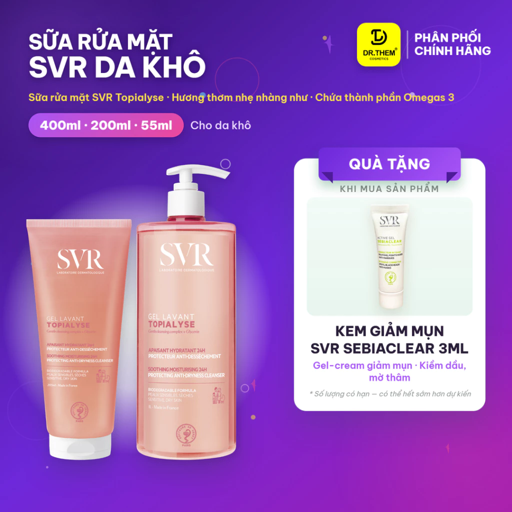 Sữa Rửa Mặt SVR Cho Da Khô Và Nhạy Cảm TOPIALYSE Gel Lavant 55ml - 200ml - 400ml Dr Thêm