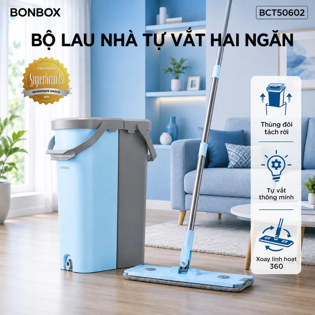 (MỚI) Bộ Cây Lau Nhà Tự Vắt Bonbox 2 Ngăn Giặt Vắt Tiện Lợi Bông Lau Thấm Hút Tốt BCT50602