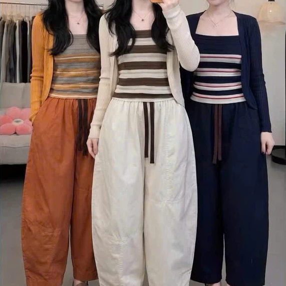 Quần Kaki Dáng Baggy Thụng Cạp Chun Kèm Dây Rút, Quần Boom Kaki Ống Cong Vải Kaki Nhật M445