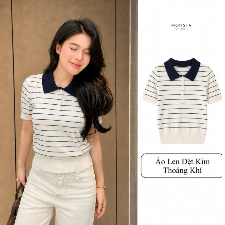 Áo Len Polo Dệt Kim Kẻ Ngang LN56 Kiểu Dáng Basic Gram Màu Tinh Tế Dễ Phối